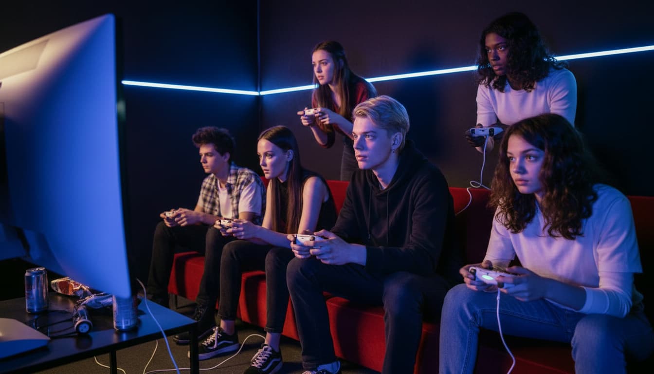 Group of focused teenagers playing video games indoors, immersed in teamwork and concentration.